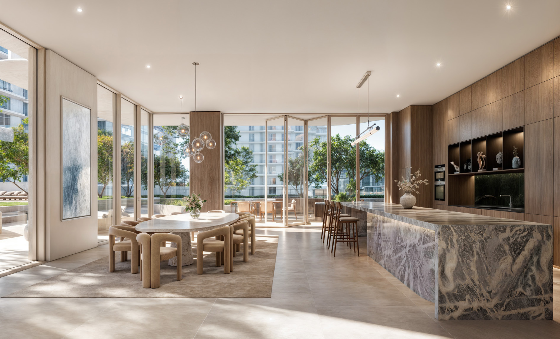 Private dining room with marble island and folding doors to the garden