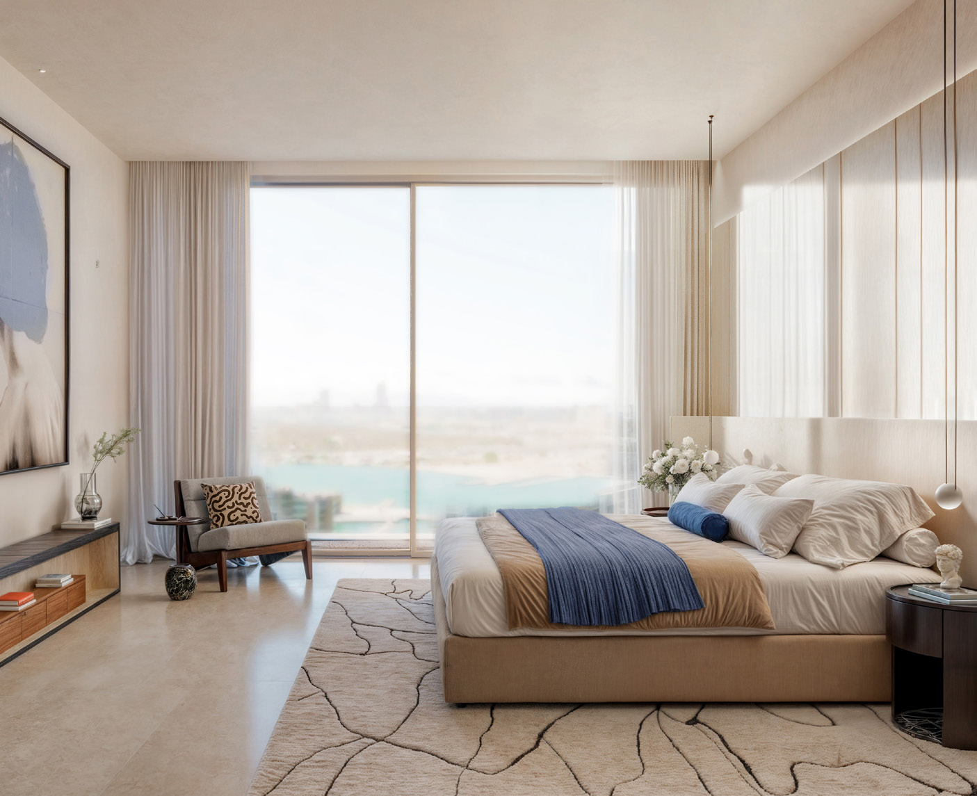 Calm bedroom with a large window looking out over water