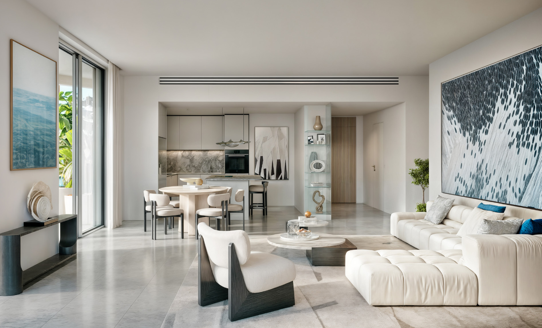 Living area flowing into a kitchen with marble splashback and dining table