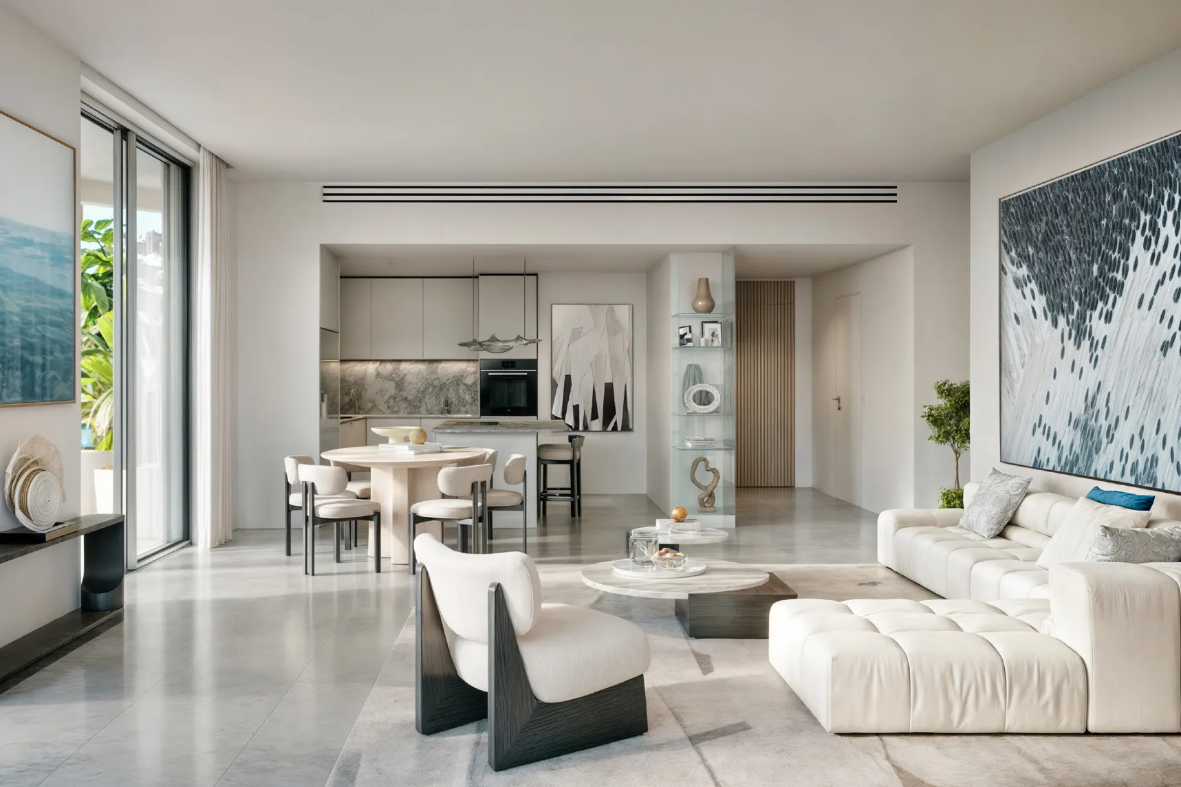 Living area flowing into a kitchen with marble splashback and dining table