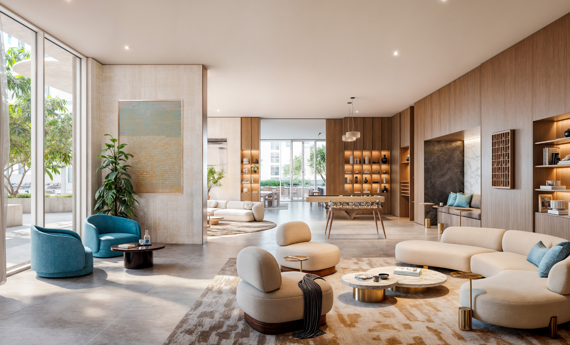 Residents' lounge with curved sofas, wood panelling and a games table