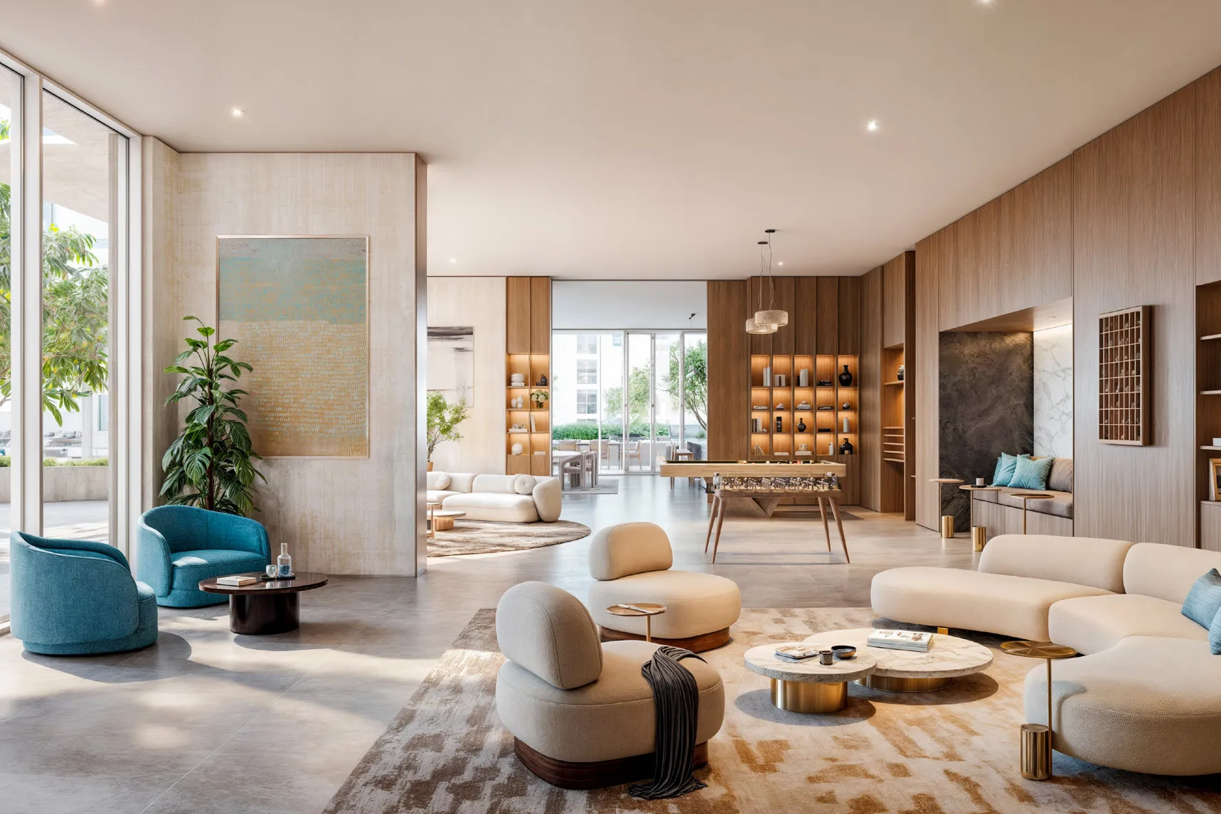 Residents' lounge with curved sofas, wood panelling and a games table