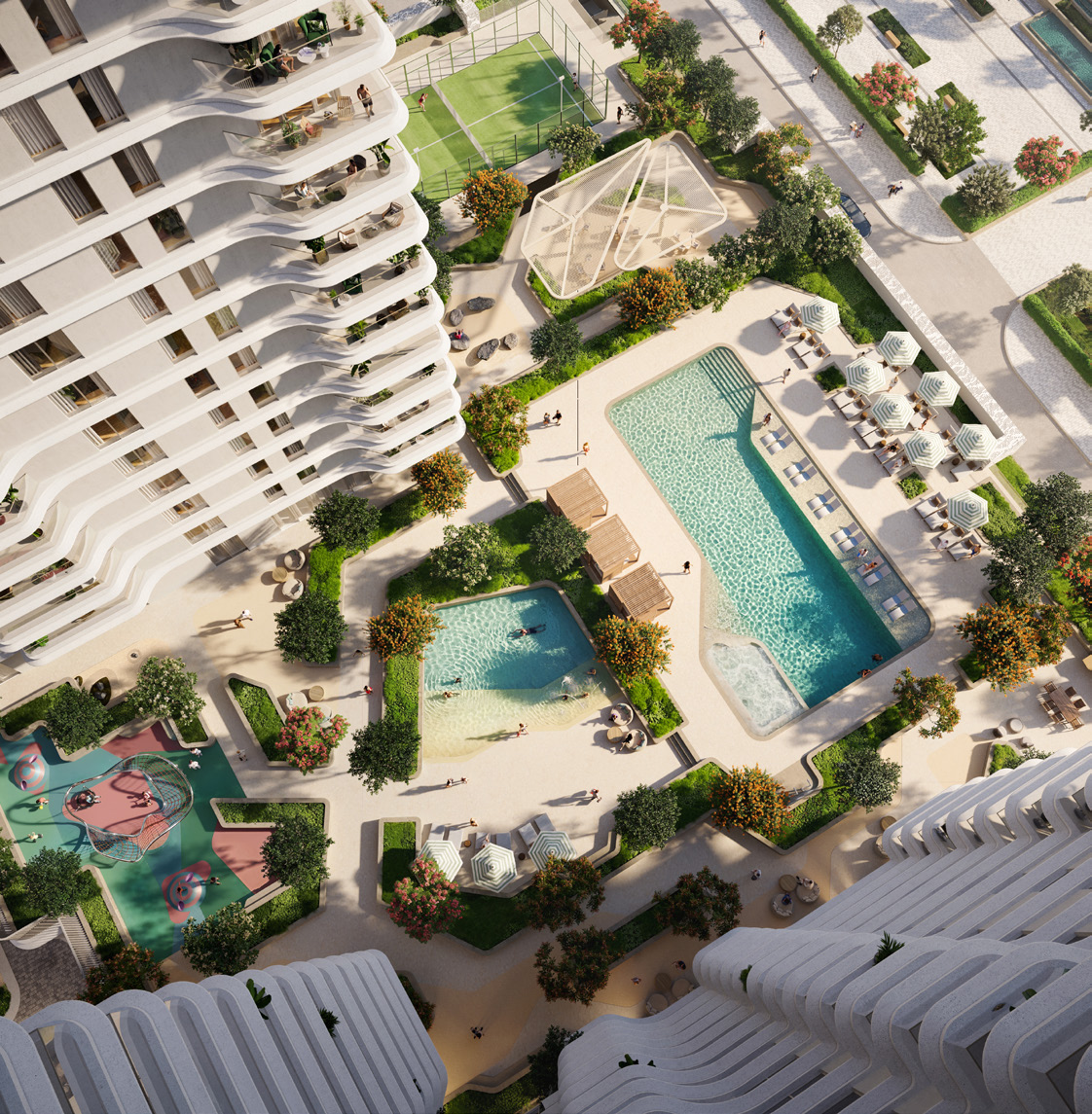 Aerial view of the podium lap pool, children's pool and play area
