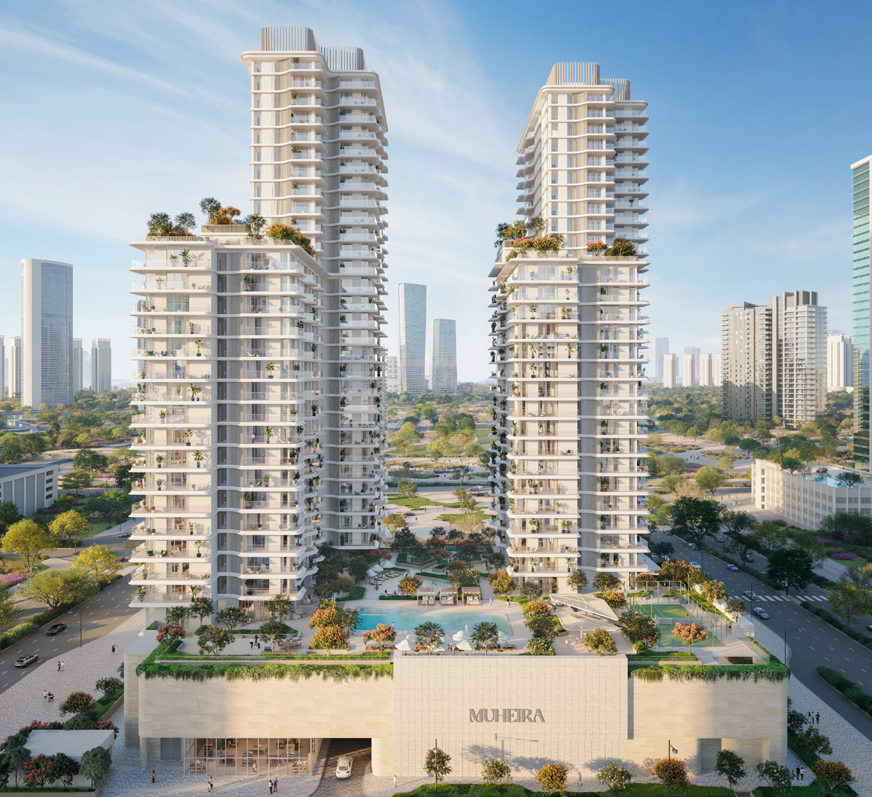 Aerial view of both towers, podium pool and the green Reem Island surroundings