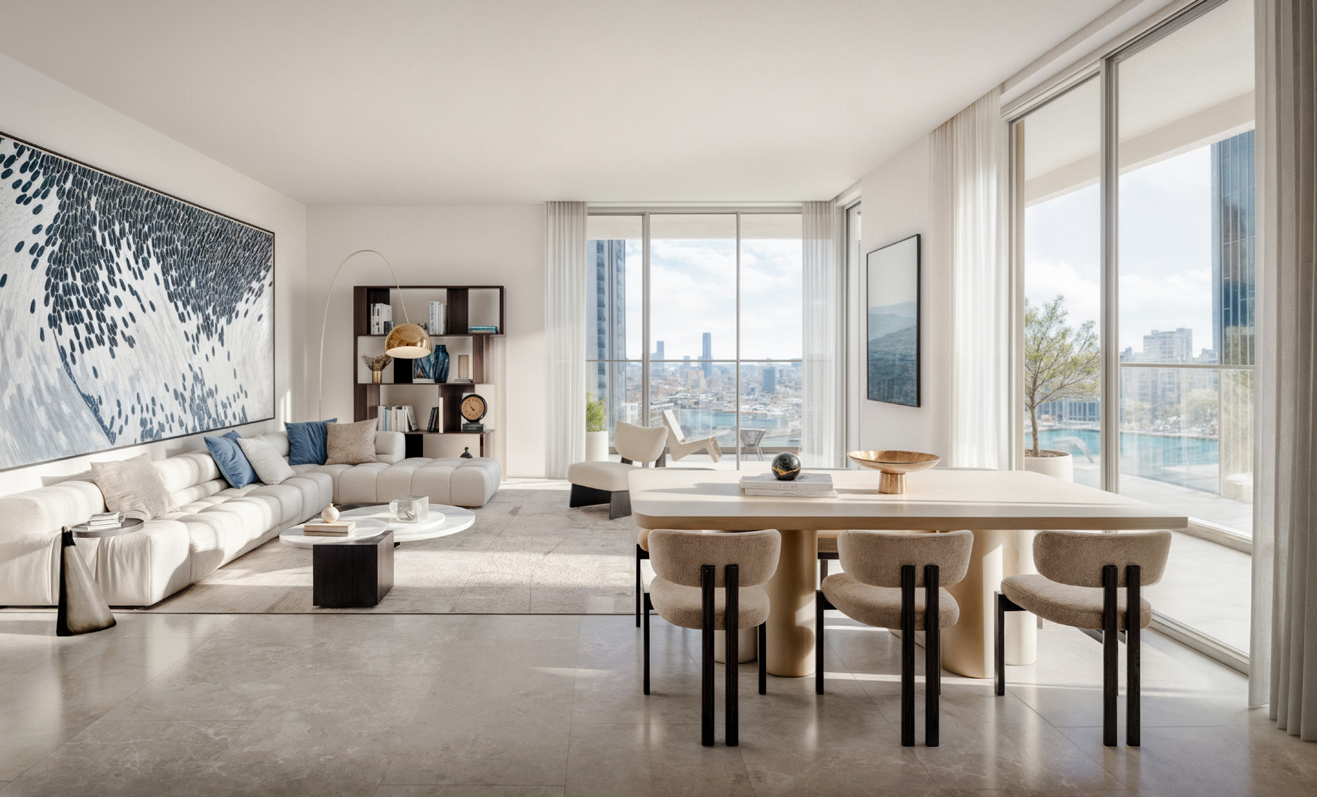 Bright open-plan living and dining room with floor-to-ceiling windows