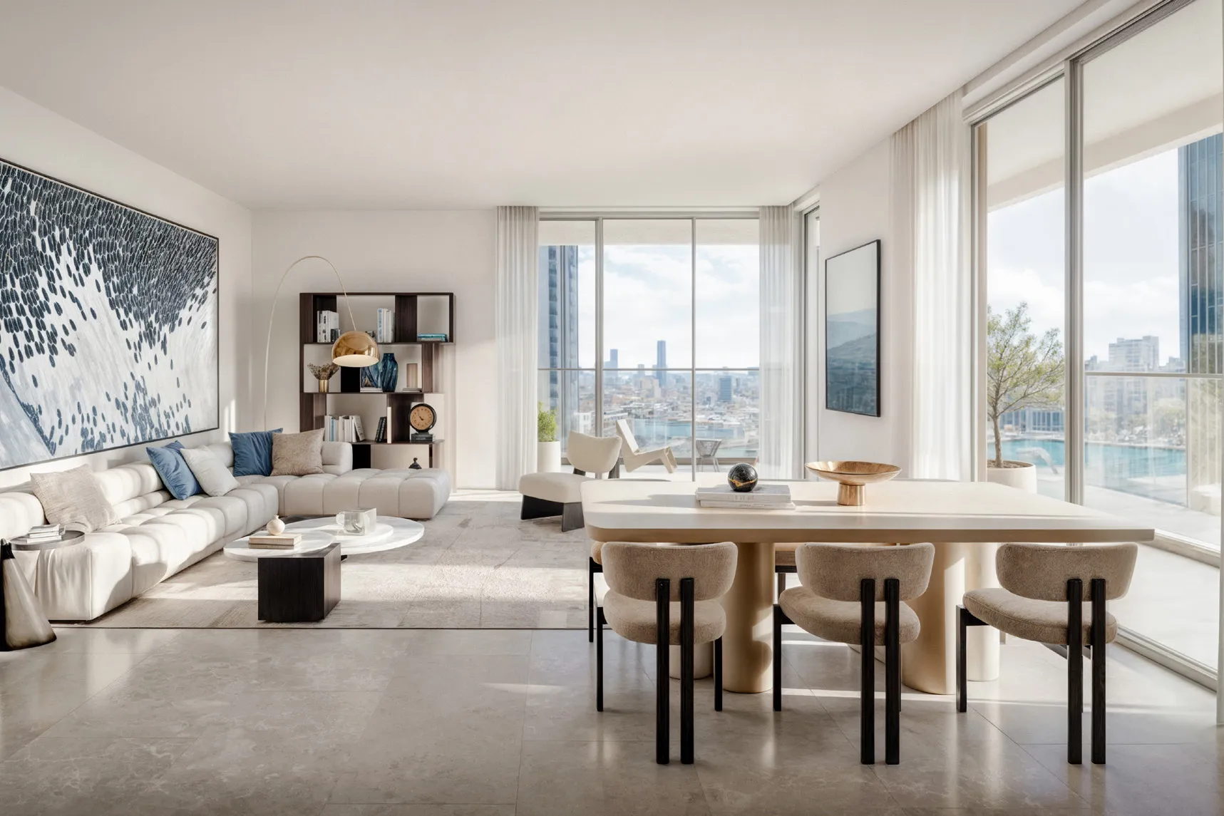 Bright open-plan living and dining room with floor-to-ceiling windows