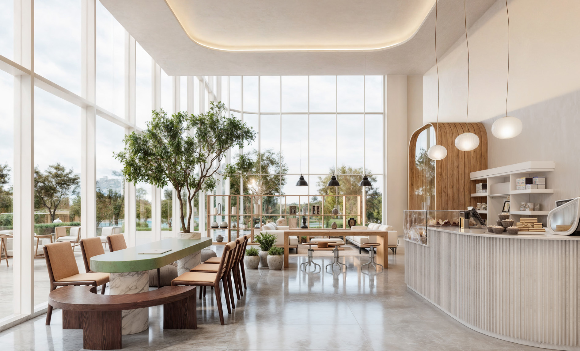 Tall glass-walled lounge with a long table, a tree and garden views